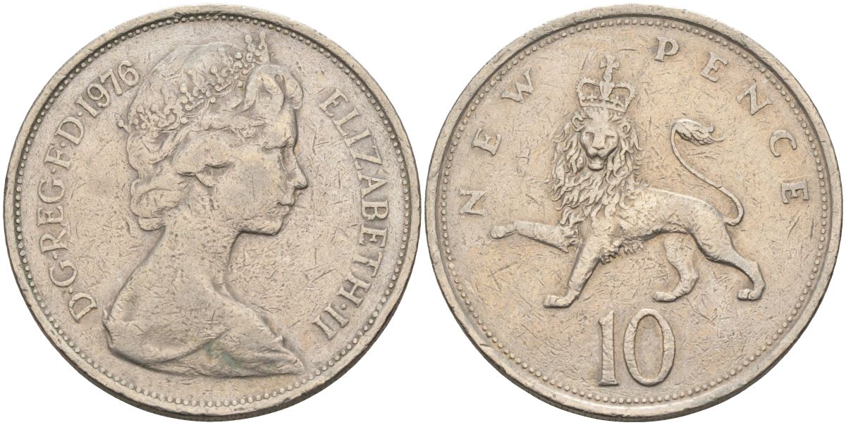 Великобритания 10 пенсов 1976 Елизавета II (1952-2022) KM 912, Spink 4231 (F1) медно-никель 4117-926