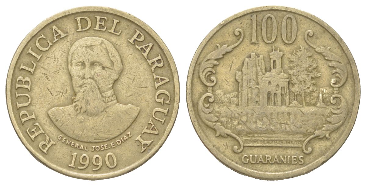Парагвай 100 гуарани 1990 KM 177 медь цинк никель 4624-156