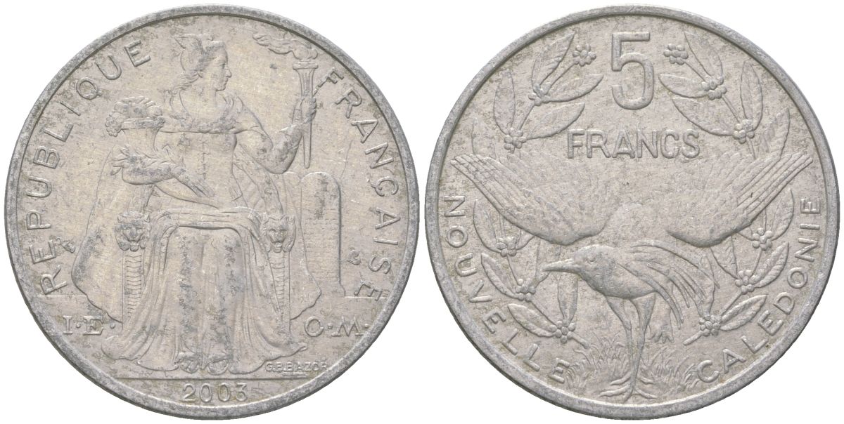Французская Новая Каледония 5 франков 2003 птица кагу, (IEOM) KM 16, Schoen 12, Lec 81h алюминий 189-1042