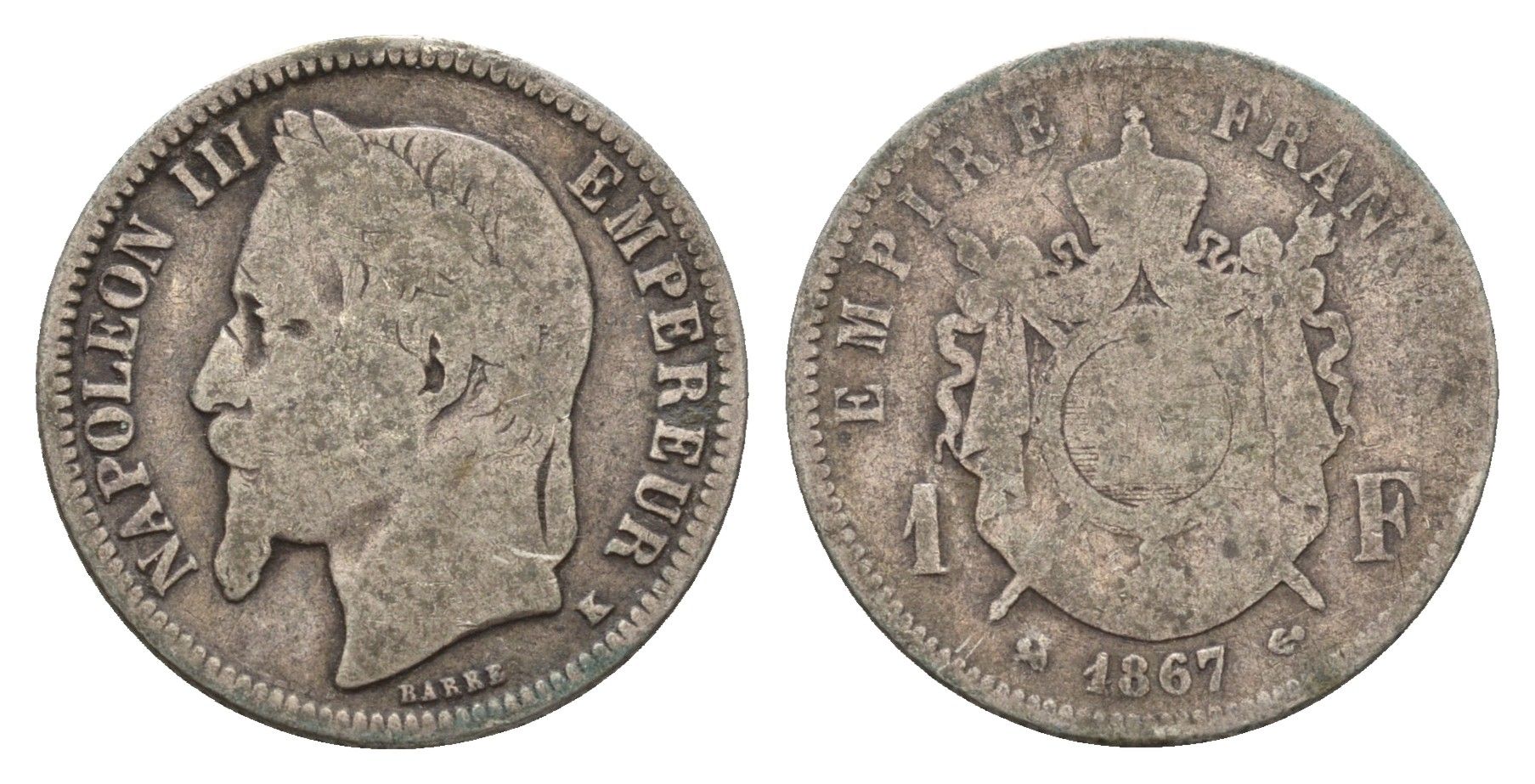 Франция 1 франк 1867 K, Наполеон III (1852-1870) KM 866.3 серебро 51-1735