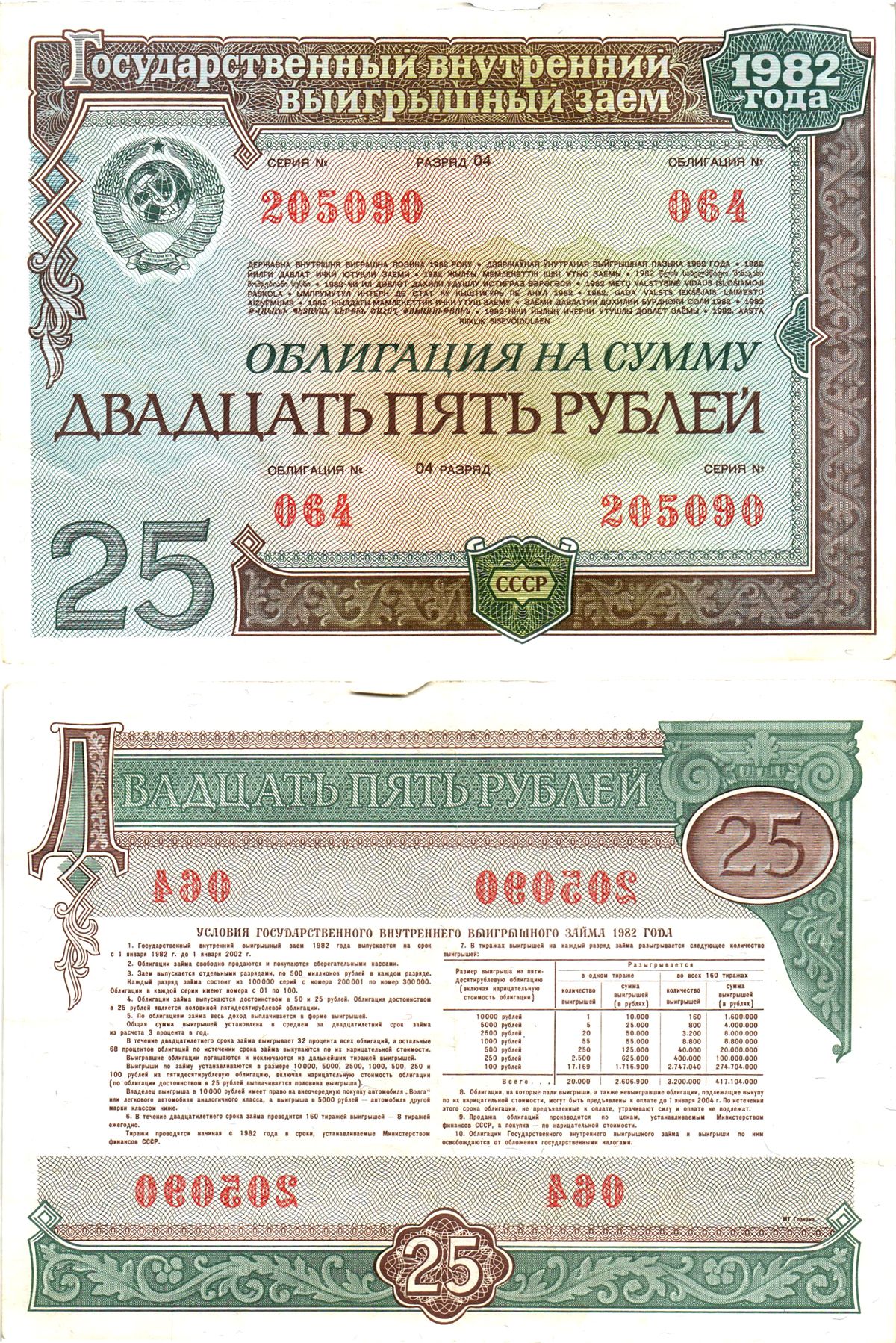 СССР облигация в 25 рублей 1982 государственный внутренний выигрышный заем, разряд 04   бумага   8609-38-2-2