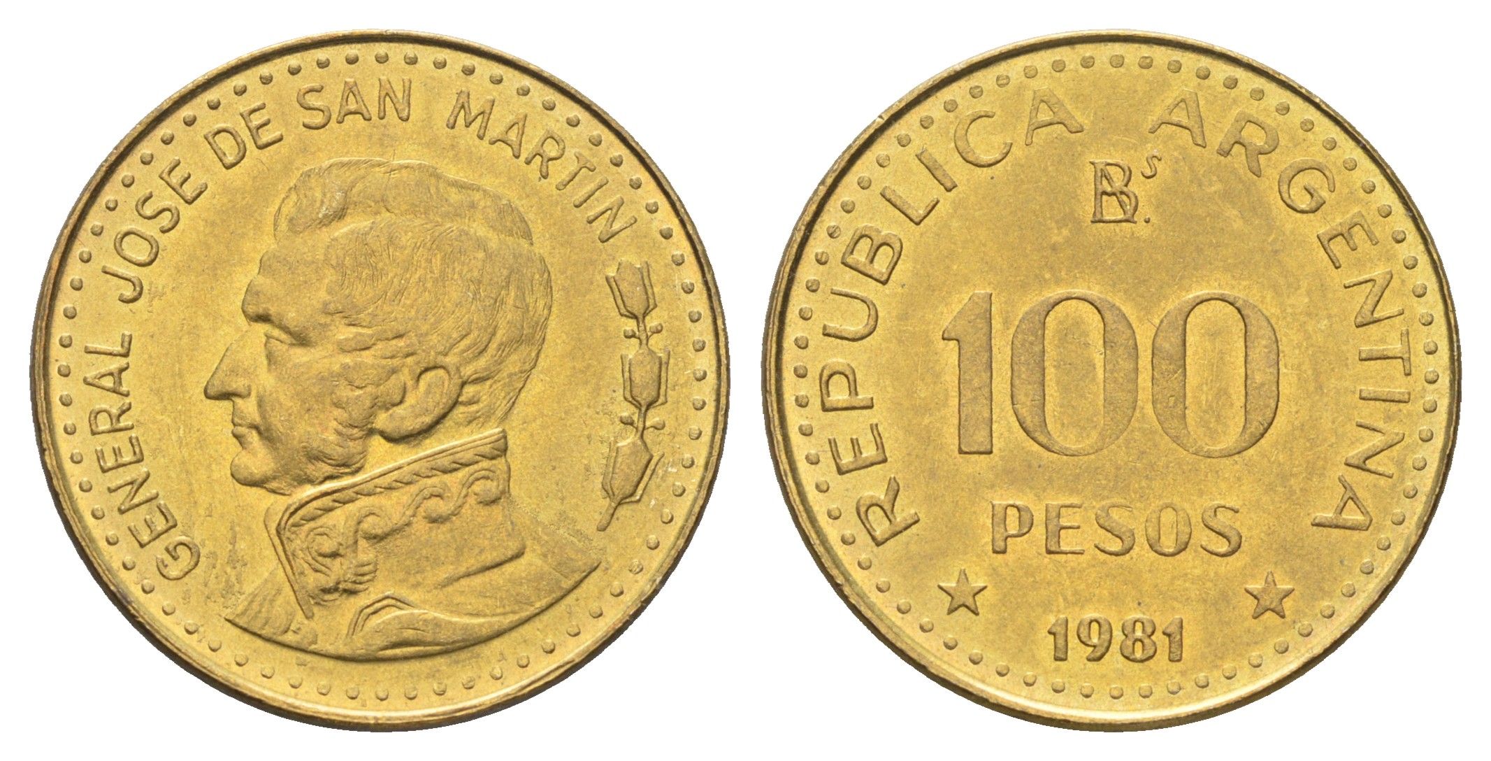 Аргентина 100 песо 1981 KM 85a сталь плакированная латунью UNC 4662-744