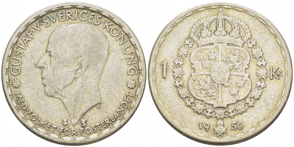 Швеция 1 крона 1950 TS, Густав VI Адольф (1950-1973) KM 814 серебро 175-1123
