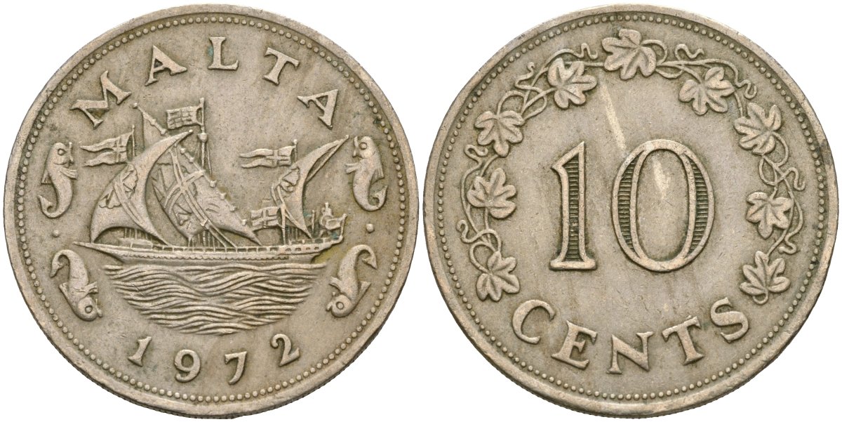Мальта 10 центов 1972 баржа Великого магистра KM 11 медно-никель 4137-911