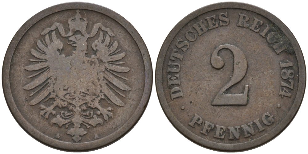 Германия 2 пфеннига 1874 А, старогербовка KM 2, J. 2 медь 4573-1226