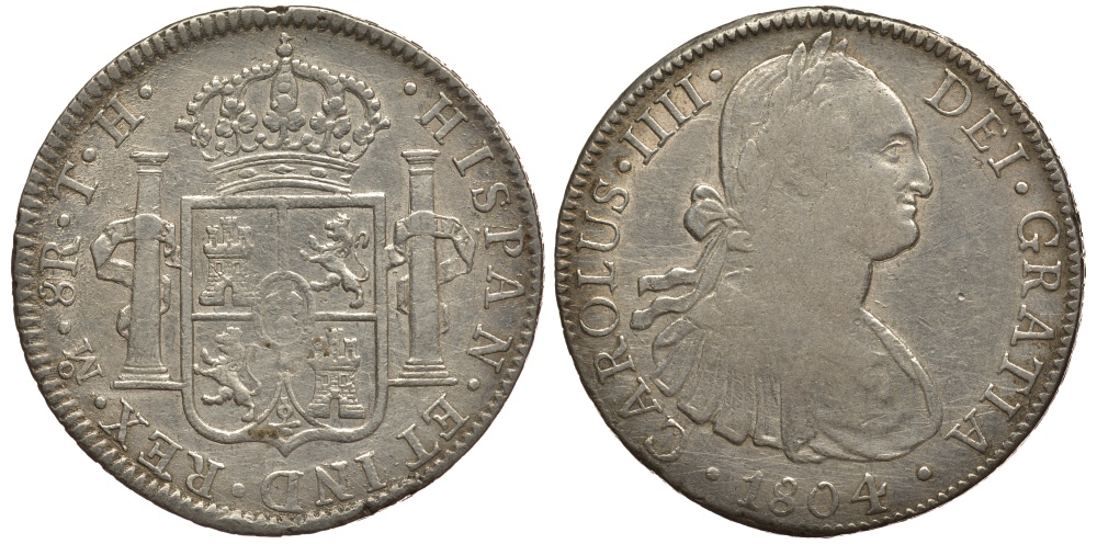 Мексика 8 реалов 1804 TH, Карл IV KM 109 серебро 11-273-25