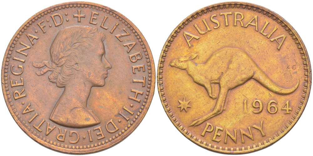 АВСТРАЛИЯ 1 ПЕННИ 1964 m, ЕЛИЗАВЕТА II (1953-), КЕНГУРУ KM 56 бронза 4521-113