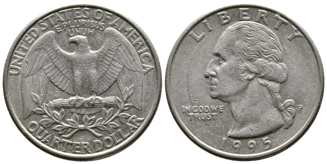 США 25 центов (квотер) 1995 Р, Вашингтон КМ А164а медь плакированная медно-никелем 56-1221