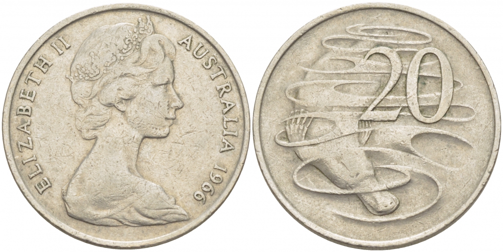 Австралия 20 центов 1966 Елизавета II (1952-2022), утконос KM 66 медно-никель 3457-144