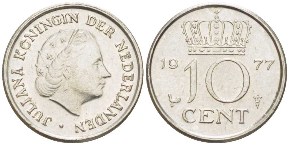 НИДЕРЛАНДЫ 10 ЦЕНТОВ 1977 ЮЛИАНА (1948-1980) KM 182 никель 211-1228