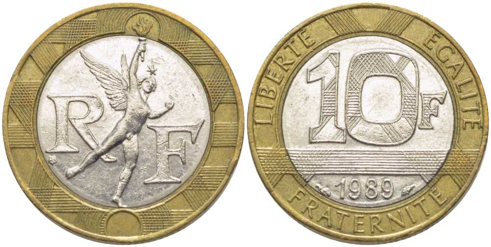 Франция 10 франков 1989 тип гений Бастилии KM 964.1, Le Franc 375.3 биметалл 117-241