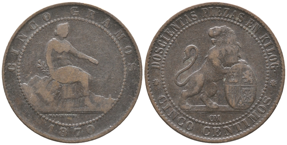 ИСПАНИЯ 5 САНТИМОВ 1870 ОМ KM 662 (Y53) медь 34-321