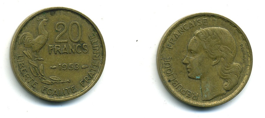 ФРАНЦИЯ 20 ФРАНКОВ 1953 4 ПЕРА KM 917.1 алюминиевая бронза 84-831
