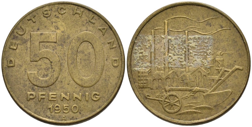 ГДР 50 пфеннигов 1950 А, фабрика KM 4 алюминиевая бронза 4575-513