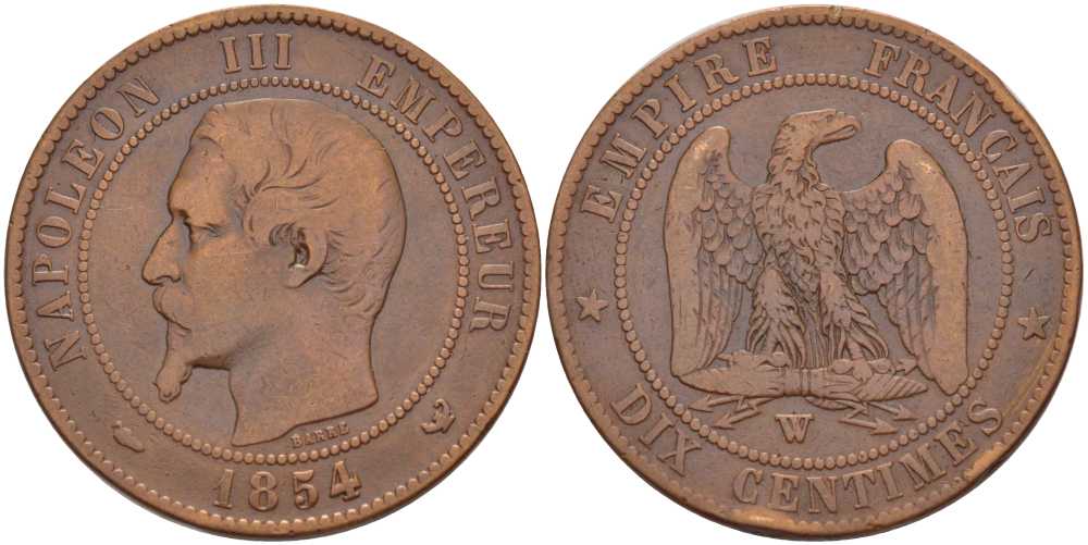 ФРАНЦИЯ 10 САНТИМОВ 1854 W, НАПОЛЕОН III (1852-1870) KM 771.7, LE FRANC 133.17 бронза 4389-132
