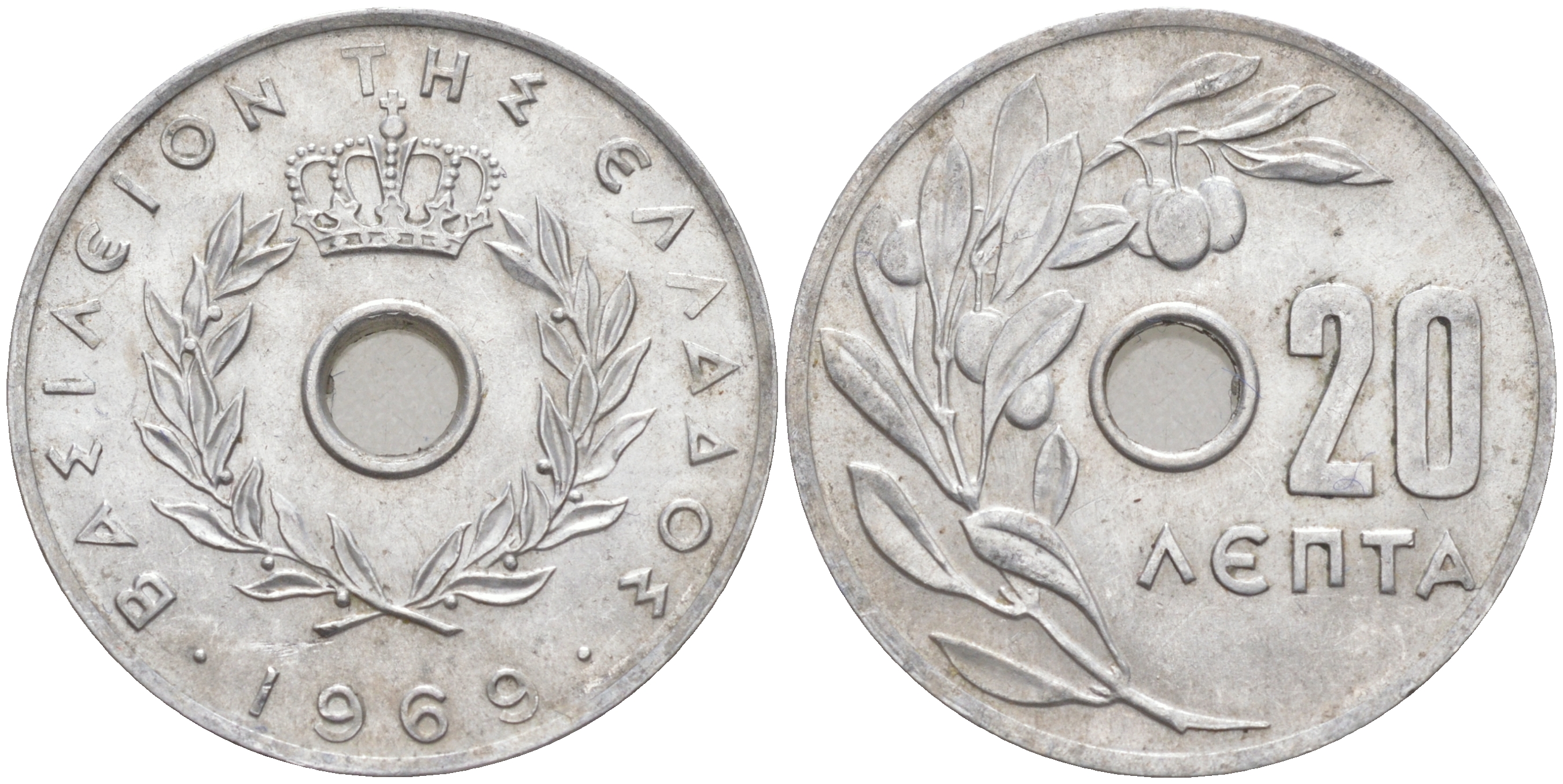 Греция 20 лепта 1966 Константин II (1964-1974), оливковая ветвь KM 79 алюминий 23-1051