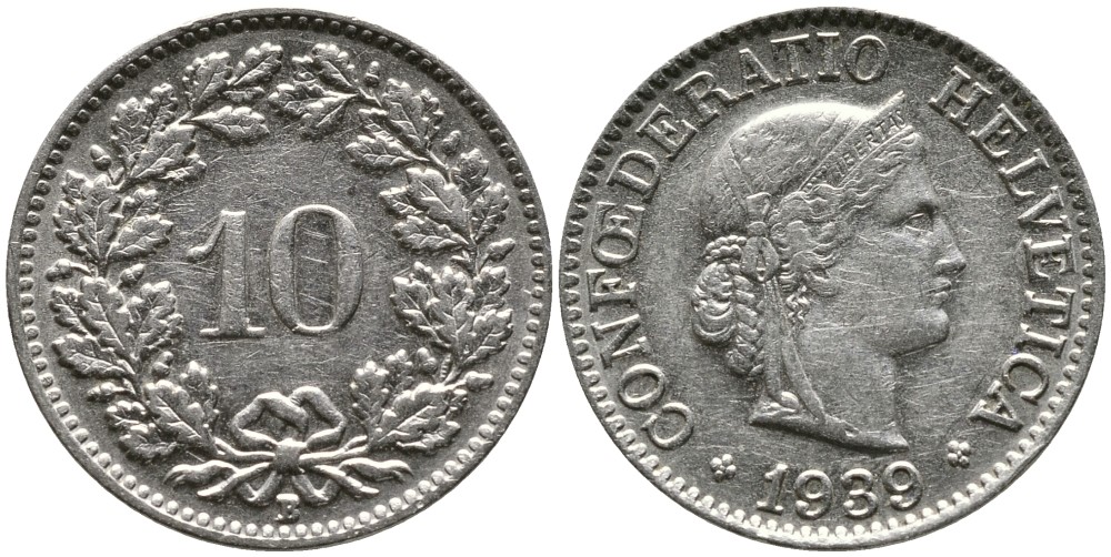 Швейцария 10 раппенов 1939 B KM 27b никель     4539-437