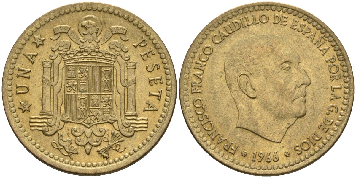 Испания 1 песета 1966 (75) Франсиско Франко (1939-1975) KM 796 алюминиевая бронза 4604-422