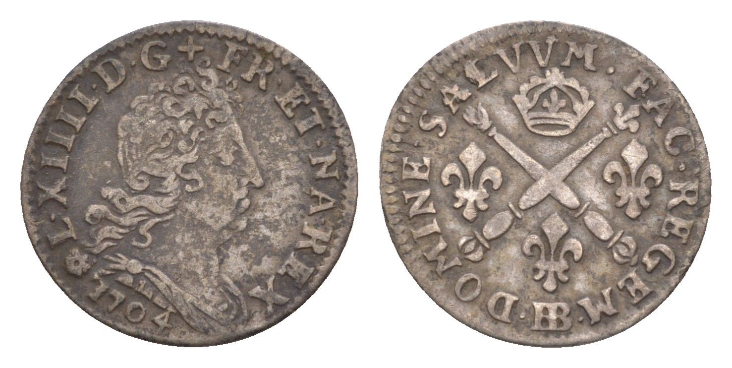 Франция 5 солей 1704 BB, Людовик XIV (1643-1715) KM 337 серебро 1515-344