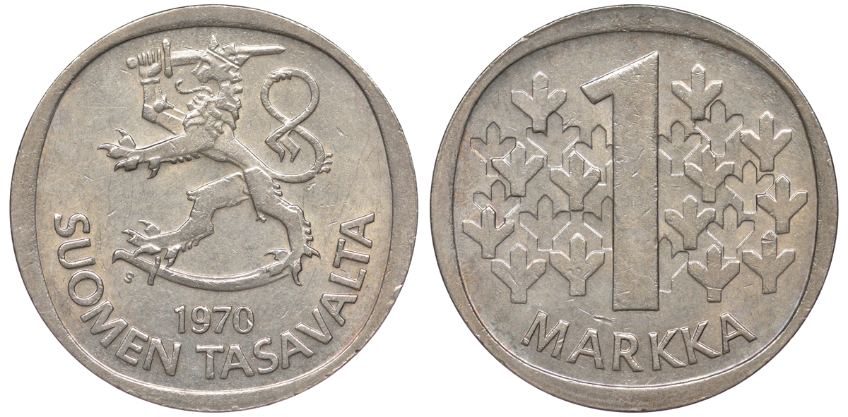 Финляндия 1 марка 1970 S KM 49а медно-никель 259-417