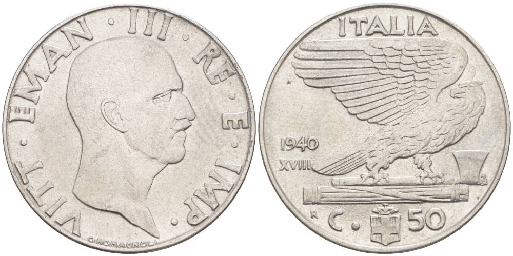 ИТАЛИЯ 50 ЧЕНТЕЗИМО 1940 R, ГОД XVIII, ВИКТОР ЭММАНУИЛ III (1900-1946), немагнитная, ГУРТ РИФЛЁНЫЙ KM 76а, VEM3. 1062a) нержавеющая сталь 3853-257