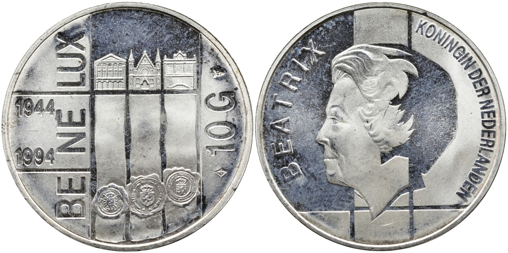 Нидерланды 10 гульденов 1994 50 лет Бе-Ни-Люкс, три здания парламентов KM 216 серебро PROOF 441-1412