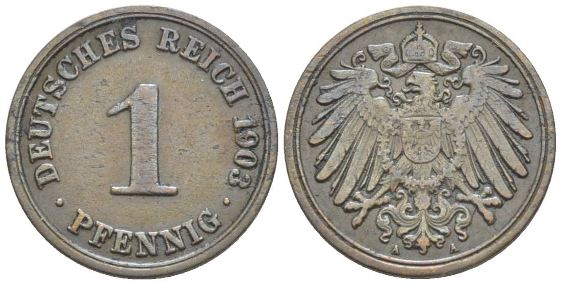 ГЕРМАНИЯ 1 ПФЕННИГ 1903 A KM 10, Jager. 10, Weege 2 медь 4528-1216