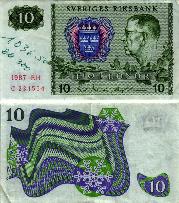 ШВЕЦИЯ 10 КРОН 1987 СЕРИЯ EH, КОРОЛЬ ГУСТАВ VI АДОЛЬФ Pick 52е бумага VF 7147-19-2-1