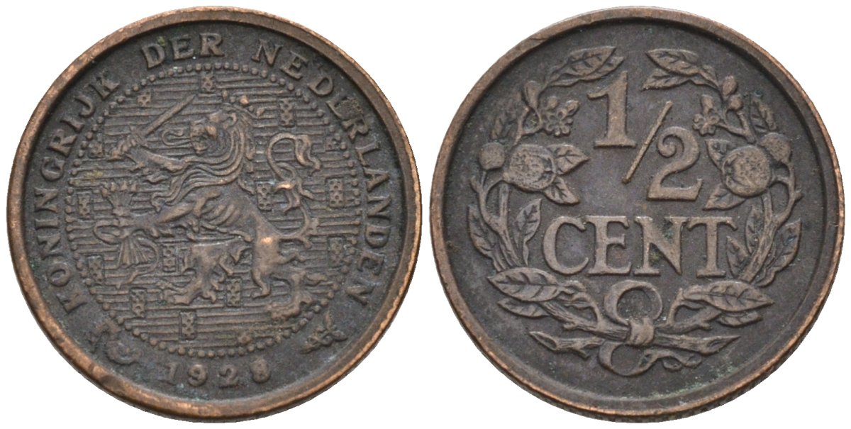 Нидерланды 1/2 цента 1928 Вильгельмина (1890-1948) KM 138 бронза 4576-461
