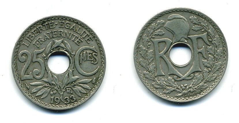 Франция 25 сантимов 1933 тип Линдауэр KM 867a, Le Franc 171 медно-никель 84-413