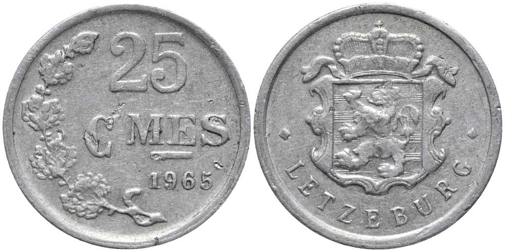 ЛЮКСЕМБУРГ 25 САНТИМОВ 1965 KM 45а.1 алюминий 112-656
