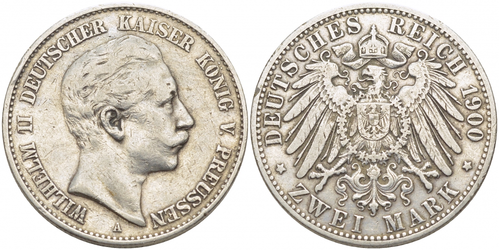 Пруссия 2 марки 1900 A, Вильгельм II (1888-1918) J.102, Weege 101, KM 522 серебро 3896-1112