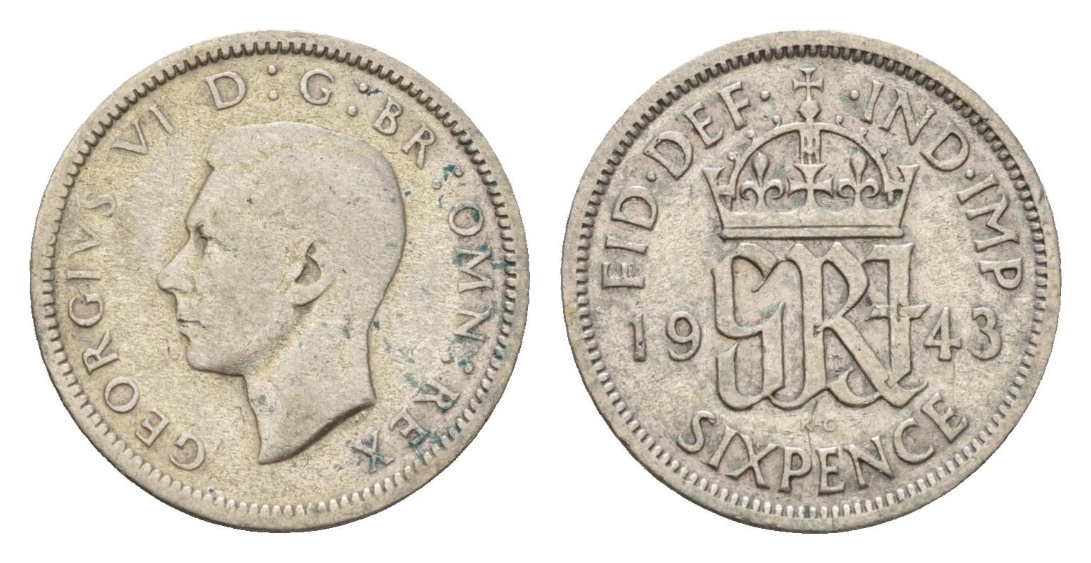 Великобритания 6 пенсов 1943 Георг VI (1936-1952) KM 852, Spink 4084 серебро 99-863