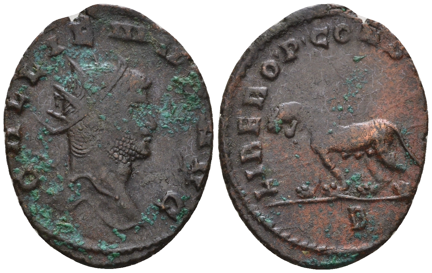 Римская Империя антониниан 267 - 268 Галлиен, GALLIENVS AVG, бюст императора / LIBERO P CONS AVG, пантера, Рим RIC 230 b биллон 1073-25-11