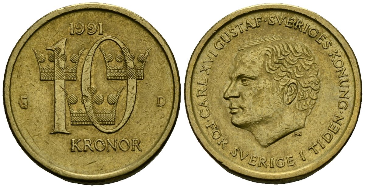 Швеция 10 крон 1991 Карл XVI Густав (1973- ) KM 877 Нордик 4138-845
