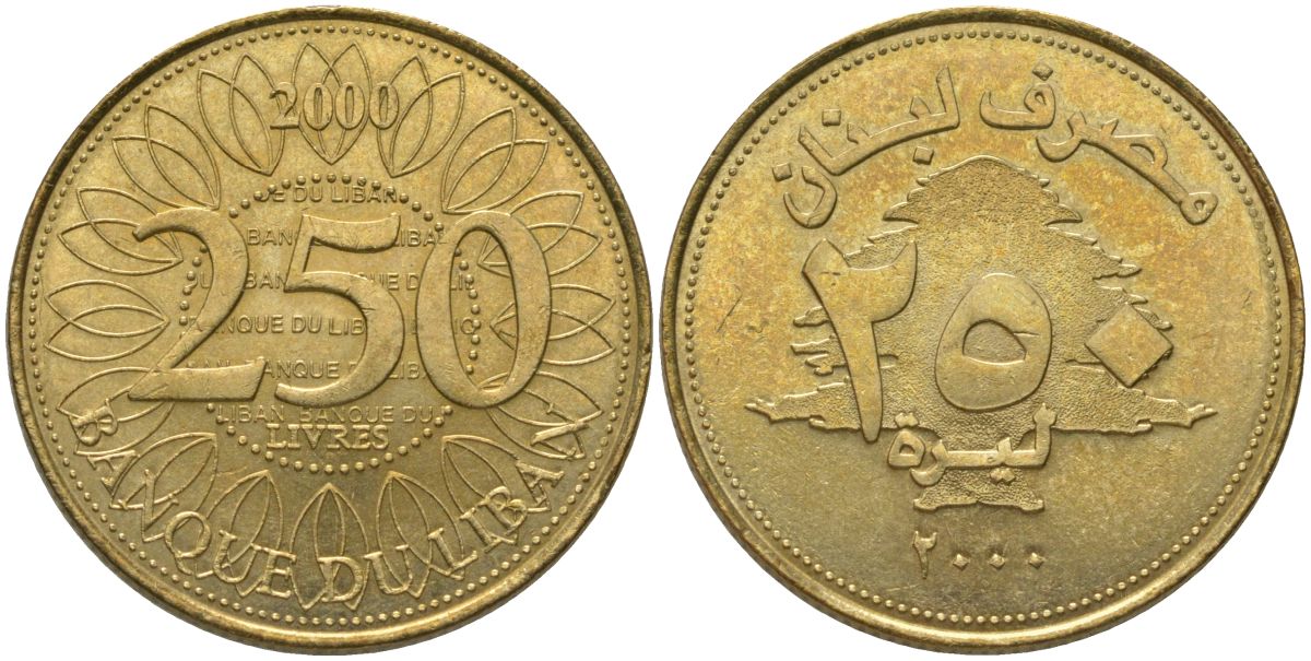 Ливан 250 ливров 2000 KM 36 медь алюминий никель UNC 4513-525