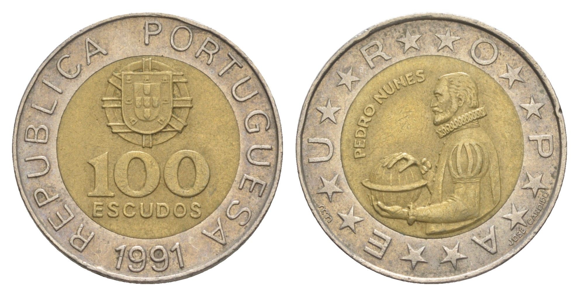 Португалия 100 эскудо 1991 Педру Нуниш (1502-1578), математик KM 645 биметалл 4388-813