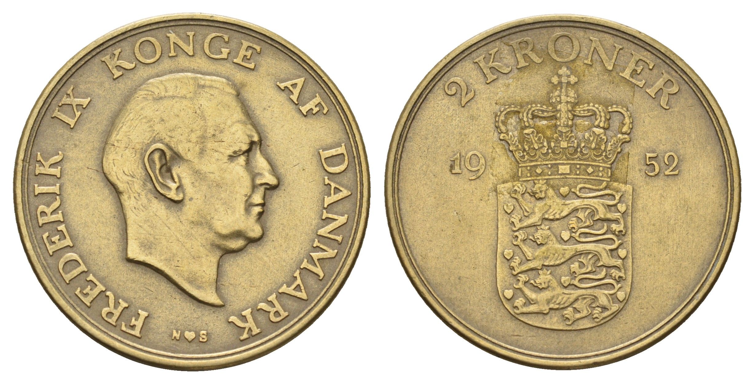 Дания 2 кроны 1952 N, Фредерик IX (1947-1972) KM 838 алюминиевая бронза 71-1235