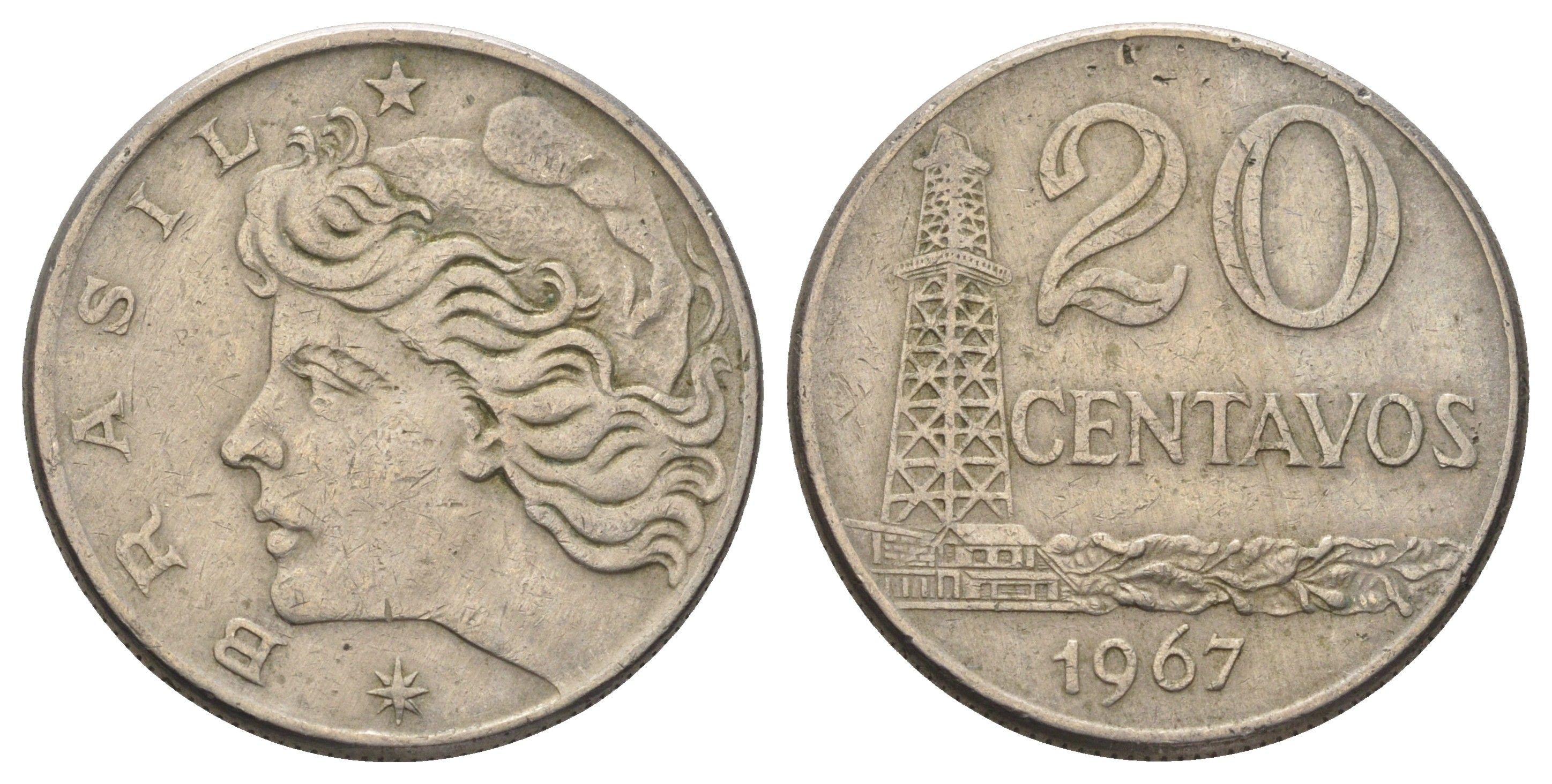 Бразилия 20 сентаво 1967 год-тип KM 579.1 медно-никель 4156-856