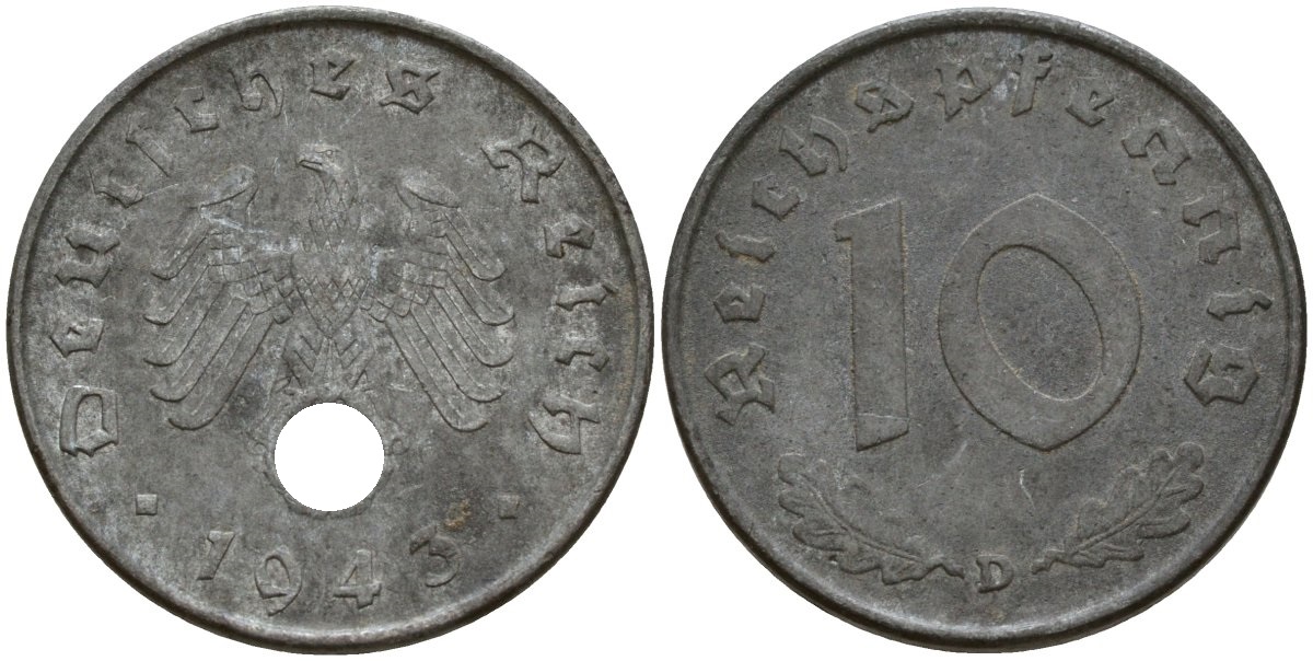 Германия 10 рейхспфеннигов 1943 D KM 101, J. 371 цинк 4187-1036