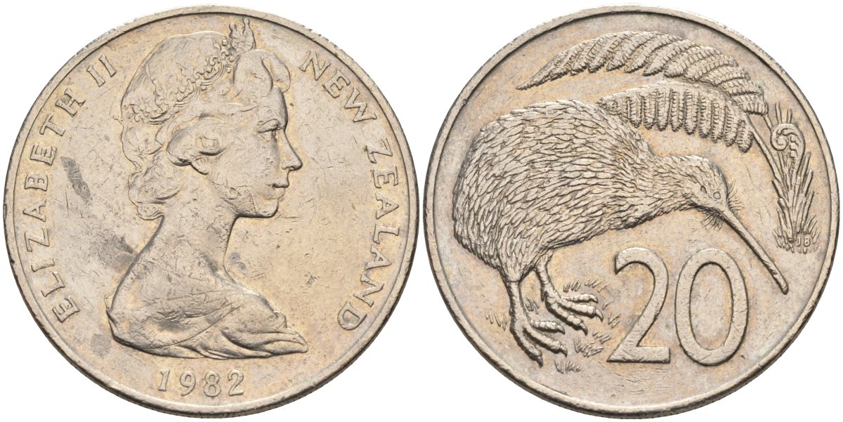 Новая Зеландия 20 центов 1982 Елизавета II (1952-2022), птичка киви KM 36.1 медно-никель 4131-1141