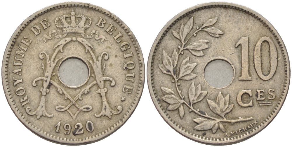 БЕЛЬГИЯ 10 САНТИМОВ 1920 BELGIQUE KM 85.1 медно-никель 24-335