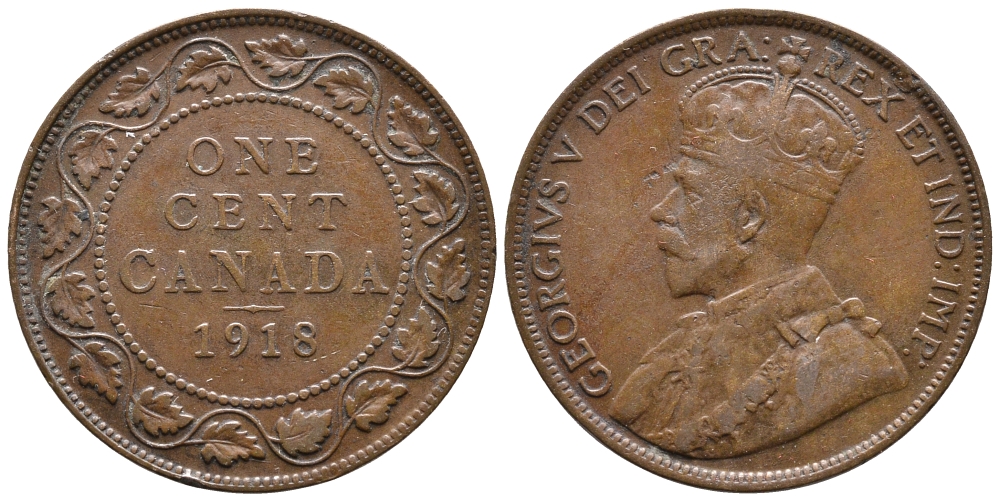 Канада 1 цент 1918 Георг V (1910-1936), большой формат KM 21 бронза 177-947