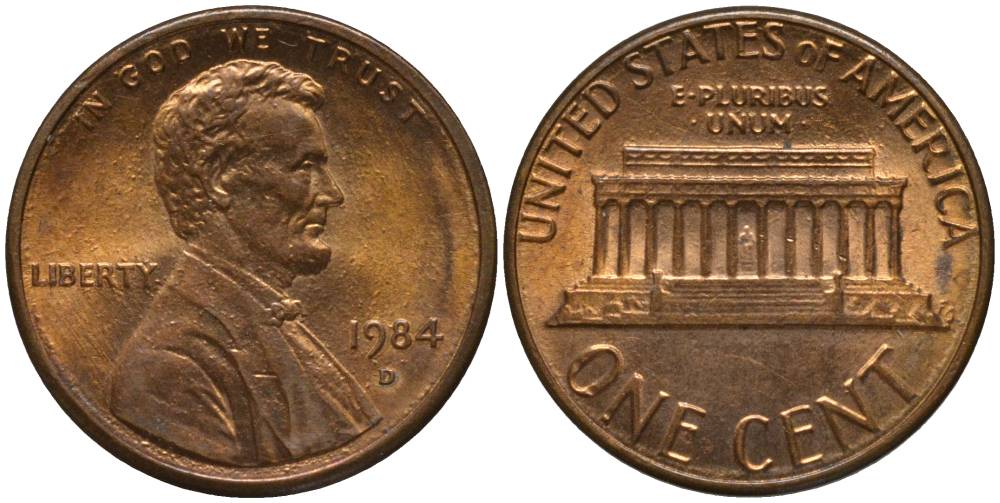 США 1 ЦЕНТ 1984 D, ЛИНКОЛЬН KM 201b цинк плакированный медью 4547-656