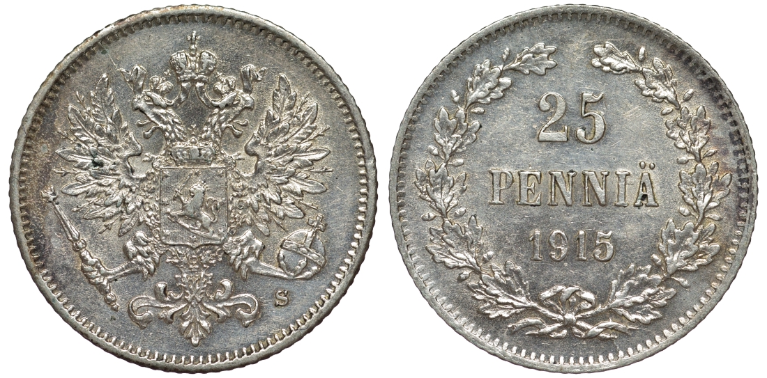 Россия для Финляндии 25 пенни 1915 S, Николай II (1894-1917) KM 6.2, Биткин 420 серебро 75-1227