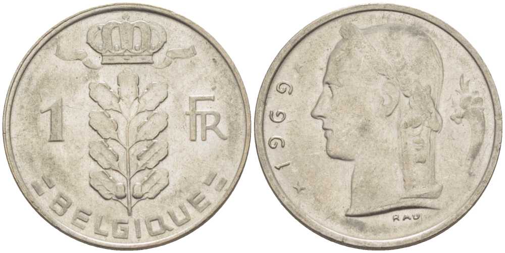 БЕЛЬГИЯ 1 ФРАНК 1969 BELGIQUE, БОДУЭН I (1951-1993) KM 142.1 медно-никель 3856-953