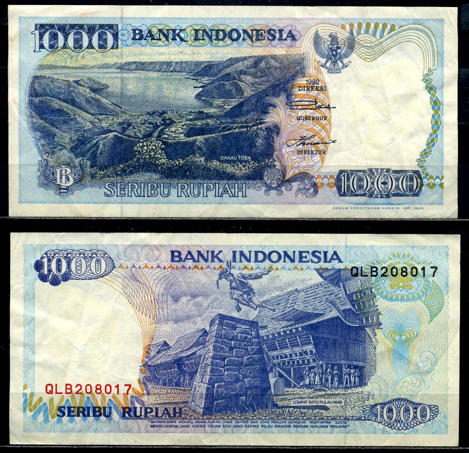 Индонезия 1000 рупий 1992/1995 озеро Тоба Pick 129d бумага 8601-12-2-1