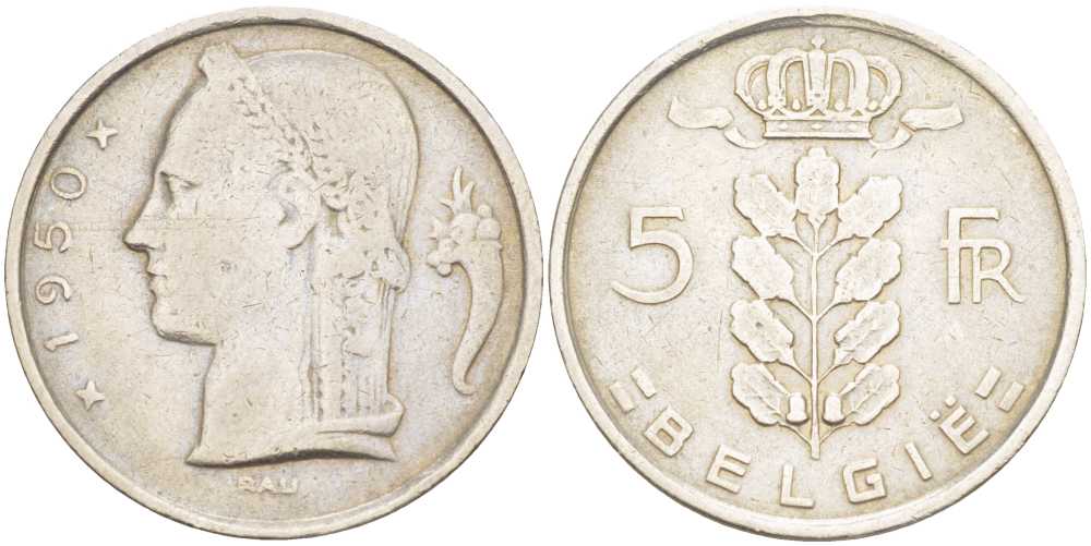 БЕЛЬГИЯ 5 ФРАНКОВ 1950 BELGIE, ЛЕОПОЛЬД II (1934-1950) KM 135.1 медно-никель 202-1147
