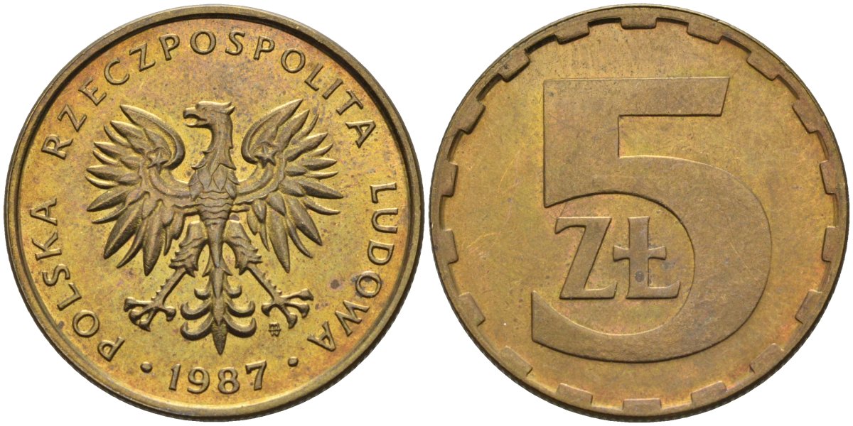 Польша 5 злотых 1987 MW, Народная Республика KM 81.2, Parchimowicz 222b латунь aUNC 4556-1123