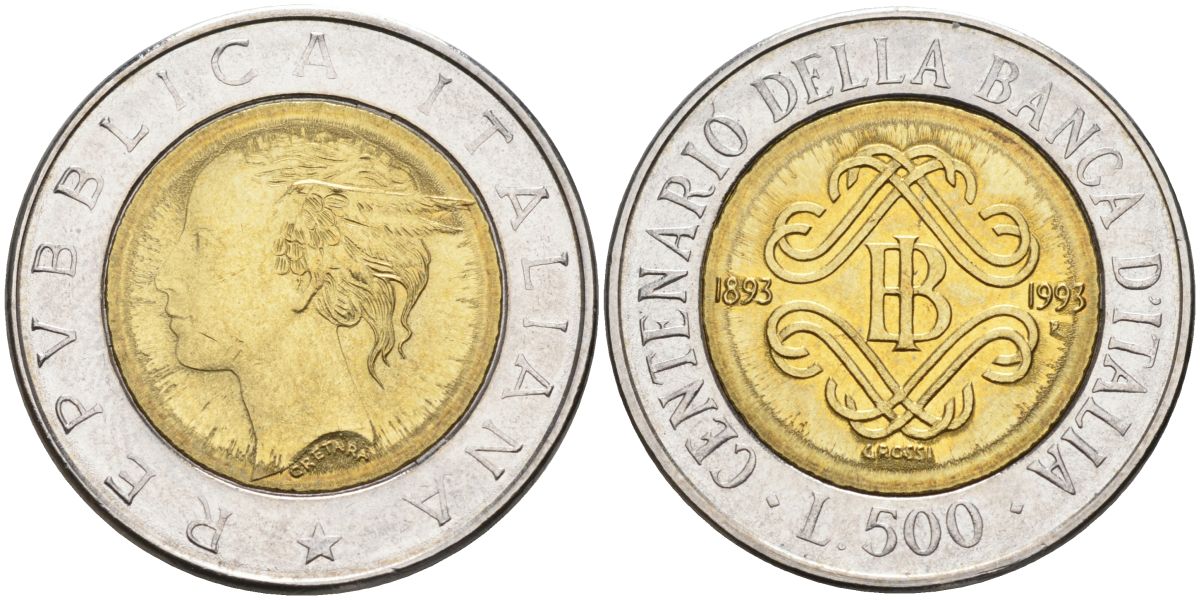 Италия 500 лир 1993 R, 100 лет банку Италии (1893-1993) KM 160 биметалл UNC 27-846